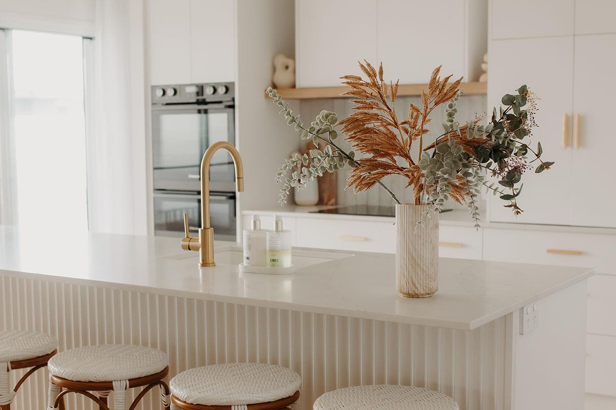 modern home kitchen with dried flowers